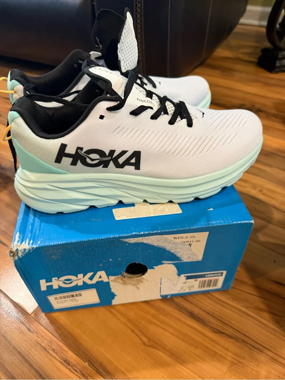 Hoka Kids White and Mint Lace-Up Sneakers with Black Accents